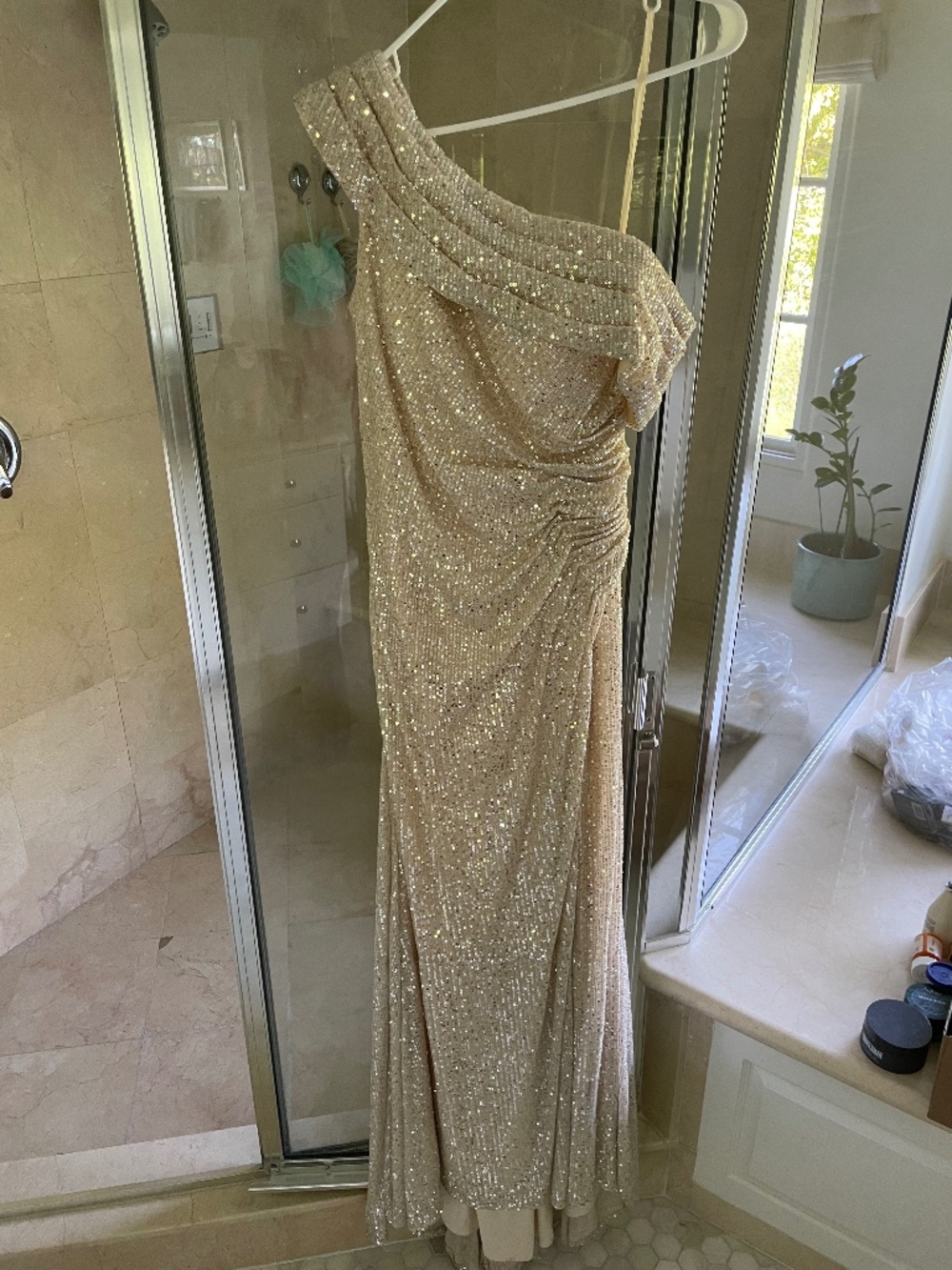 Mac Duggal Metallic One-Shoulder Evening Gown